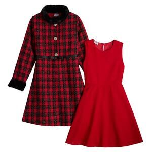 Girls Sz 5 2-Piece Boucle Tweed Coat & Dress Set Red Plaid Rhinestones Holiday